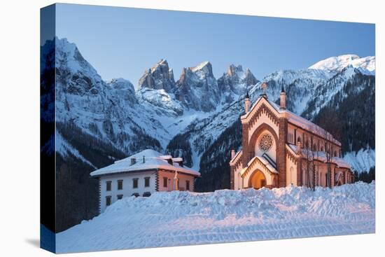 The Church of Falcade, with Focobon Peaks in the Background, in Wintertime, Dolomites, Belluno-ClickAlps-Stretched Canvas