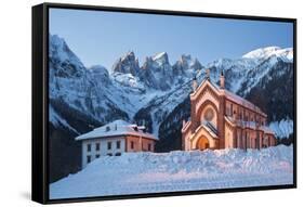 The Church of Falcade, with Focobon Peaks in the Background, in Wintertime, Dolomites, Belluno-ClickAlps-Framed Stretched Canvas