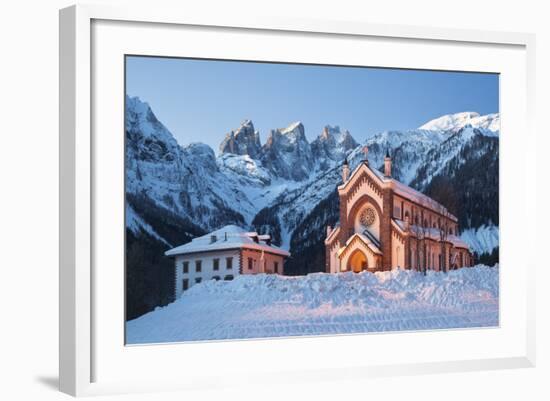 The Church of Falcade, with Focobon Peaks in the Background, in Wintertime, Dolomites, Belluno-ClickAlps-Framed Photographic Print