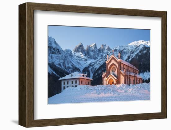 The Church of Falcade, with Focobon Peaks in the Background, in Wintertime, Dolomites, Belluno-ClickAlps-Framed Photographic Print