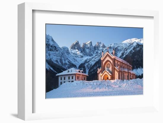 The Church of Falcade, with Focobon Peaks in the Background, in Wintertime, Dolomites, Belluno-ClickAlps-Framed Photographic Print