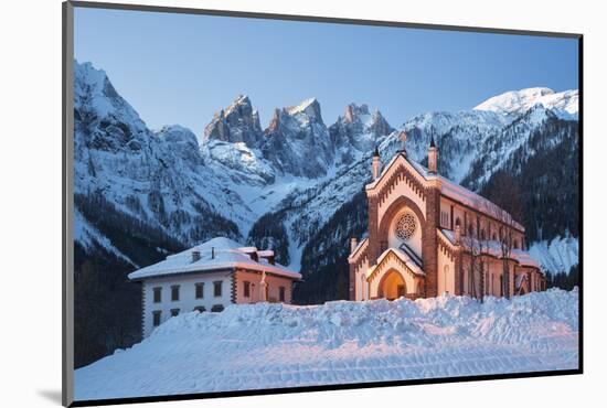 The Church of Falcade, with Focobon Peaks in the Background, in Wintertime, Dolomites, Belluno-ClickAlps-Mounted Photographic Print