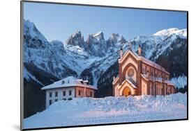 The Church of Falcade, with Focobon Peaks in the Background, in Wintertime, Dolomites, Belluno-ClickAlps-Mounted Photographic Print