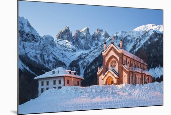 The Church of Falcade, with Focobon Peaks in the Background, in Wintertime, Dolomites, Belluno-ClickAlps-Mounted Photographic Print