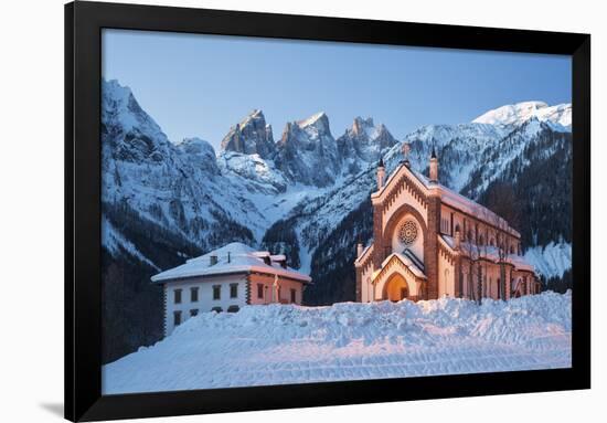 The Church of Falcade, with Focobon Peaks in the Background, in Wintertime, Dolomites, Belluno-ClickAlps-Framed Photographic Print
