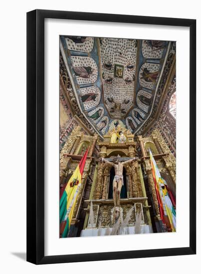 The Church of Santiago De Curahuara with Statue of Jesus on the Cross-Alex Saberi-Framed Premium Photographic Print