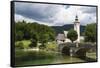 The church of St. John the Baptist and the stone bridge on Lake Bohinj, Slovenia, Europe-Sergio Pitamitz-Framed Stretched Canvas