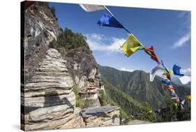 The Colorful Tibetan Prayer Flags Invite the Faithful to Visit the Taktsang Monastery, Paro, Bhutan-Roberto Moiola-Stretched Canvas