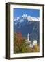 The colorful trees frame the alpine church and the snowy peaks, Soglio, Bregaglia Valley, Canton of-Roberto Moiola-Framed Photographic Print