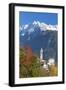 The colorful trees frame the alpine church and the snowy peaks, Soglio, Bregaglia Valley, Canton of-Roberto Moiola-Framed Photographic Print