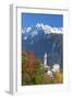 The colorful trees frame the alpine church and the snowy peaks, Soglio, Bregaglia Valley, Canton of-Roberto Moiola-Framed Photographic Print