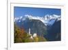 The colorful trees frame the alpine church and the snowy peaks, Soglio, Bregaglia Valley, Canton of-Roberto Moiola-Framed Photographic Print