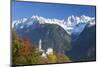 The colorful trees frame the alpine church and the snowy peaks, Soglio, Bregaglia Valley, Canton of-Roberto Moiola-Mounted Photographic Print