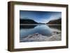 The colorful woods and snowy peaks are reflected in Lake Sils at daw, Maloja, Canton of Graubunden,-Roberto Moiola-Framed Photographic Print