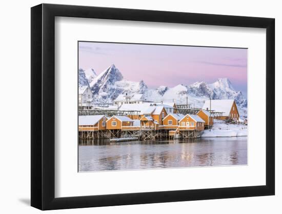 The Colors of Dawn Frame the Fishermen's Houses Surrounded by Frozen Sea, Sakrisoy, Reine-Roberto Moiola-Framed Photographic Print