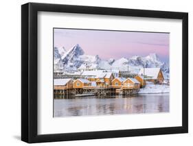The Colors of Dawn Frame the Fishermen's Houses Surrounded by Frozen Sea, Sakrisoy, Reine-Roberto Moiola-Framed Photographic Print