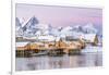 The Colors of Dawn Frame the Fishermen's Houses Surrounded by Frozen Sea, Sakrisoy, Reine-Roberto Moiola-Framed Photographic Print