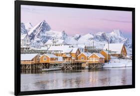 The Colors of Dawn Frame the Fishermen's Houses Surrounded by Frozen Sea, Sakrisoy, Reine-Roberto Moiola-Framed Photographic Print