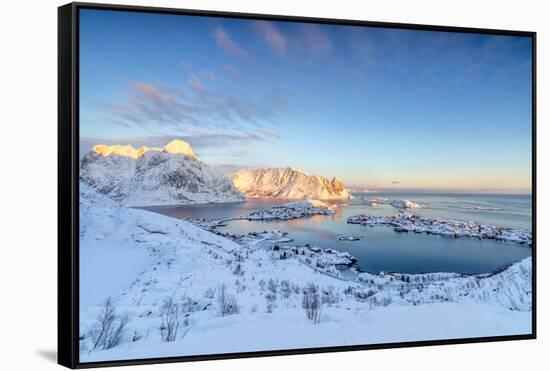 The Colors of Dawn Frame the Fishing Villages Surrounded by Snowy Peaks, Reine, Nordland-Roberto Moiola-Framed Stretched Canvas