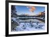 The colors of dawn on the snowy peaks and woods reflected in Malenco Valley Valtellina Lombardy Ita-ClickAlps-Framed Photographic Print