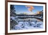 The colors of dawn on the snowy peaks and woods reflected in Malenco Valley Valtellina Lombardy Ita-ClickAlps-Framed Photographic Print