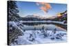 The colors of dawn on the snowy peaks and woods reflected in Malenco Valley Valtellina Lombardy Ita-ClickAlps-Stretched Canvas