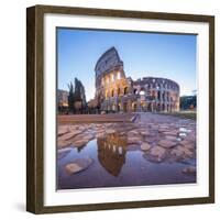 The Colosseum (Flavian Amphitheatre), UNESCO World Heritage Site, reflected in a puddle at dusk, Ro-Roberto Moiola-Framed Photographic Print
