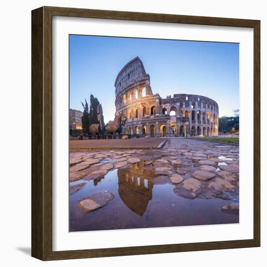 The Colosseum (Flavian Amphitheatre), UNESCO World Heritage Site, reflected in a puddle at dusk, Ro-Roberto Moiola-Framed Photographic Print