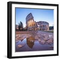 The Colosseum (Flavian Amphitheatre), UNESCO World Heritage Site, reflected in a puddle at dusk, Ro-Roberto Moiola-Framed Photographic Print