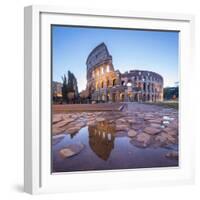 The Colosseum (Flavian Amphitheatre), UNESCO World Heritage Site, reflected in a puddle at dusk, Ro-Roberto Moiola-Framed Photographic Print