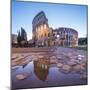 The Colosseum (Flavian Amphitheatre), UNESCO World Heritage Site, reflected in a puddle at dusk, Ro-Roberto Moiola-Mounted Photographic Print