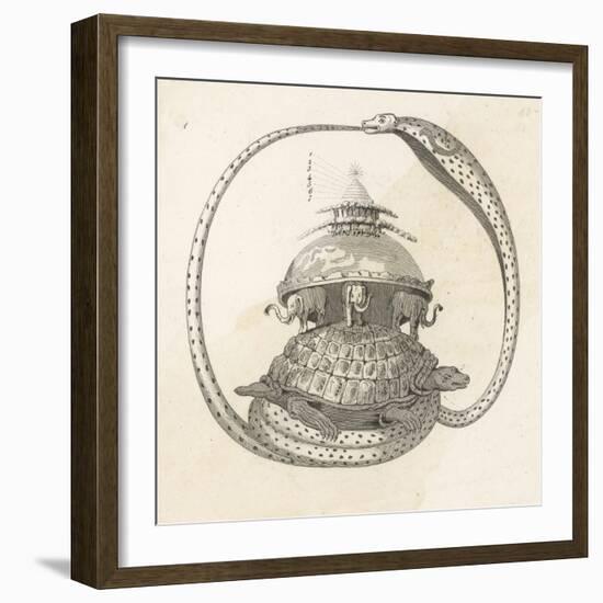 The Concept of the Universe: The Cosmic Turtle Featuring a Snake (Cobra) and Elephants-null-Framed Art Print