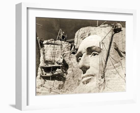 The Construction of the Mount Rushmore National Memorial, Detail of Abraham Lincoln,1928-null-Framed Photographic Print