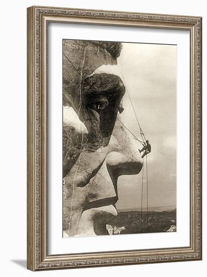 The Construction of the Mount Rushmore National Memorial, Detail of Abraham Lincoln,1928-null-Framed Photographic Print