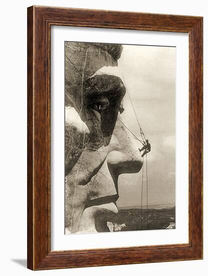 The Construction of the Mount Rushmore National Memorial, Detail of Abraham Lincoln,1928-null-Framed Photographic Print