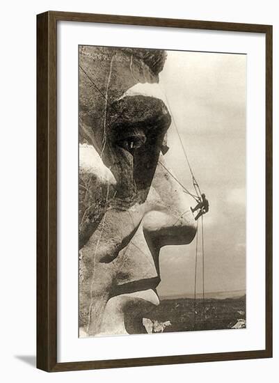 The Construction of the Mount Rushmore National Memorial, Detail of Abraham Lincoln,1928-null-Framed Photographic Print