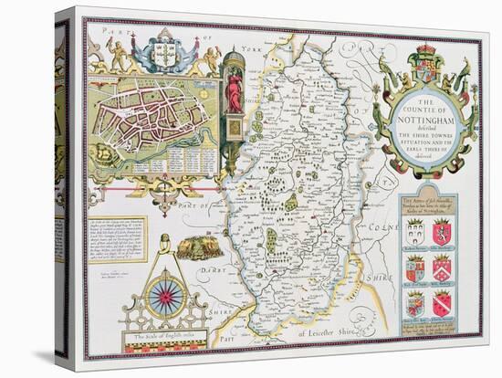 The Countie of Nottingham, Engraved by Jodocus Hondius (1563-1612)-John Speed-Stretched Canvas