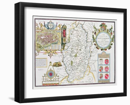 The Countie of Nottingham, Engraved by Jodocus Hondius (1563-1612)-John Speed-Framed Giclee Print
