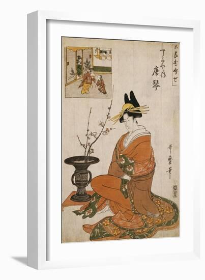 The Courtesan Karakoto of the Chojiya Seated by an Arrangement of Plum Flowers-Kitagawa Utamaro-Framed Giclee Print