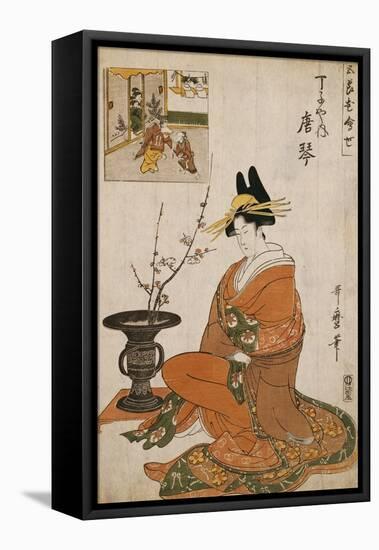 The Courtesan Karakoto of the Chojiya Seated by an Arrangement of Plum Flowers-Kitagawa Utamaro-Framed Stretched Canvas