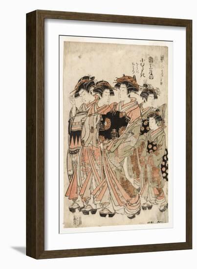 The Courtesan Komurasaki of the Kadotamaya Brothel with Her Attendants Namiji An, 1775-80-Isoda Koryusai-Framed Giclee Print
