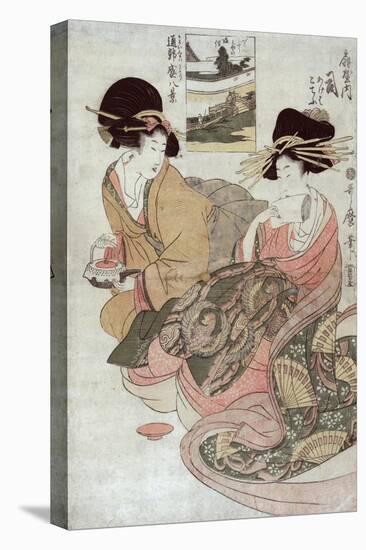 The Courtesan Tsukasa of Ogiya with Attendant, Japanese Wood-Cut Print-Lantern Press-Stretched Canvas