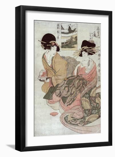 The Courtesan Tsukasa of Ogiya with Attendant, Japanese Wood-Cut Print-Lantern Press-Framed Art Print