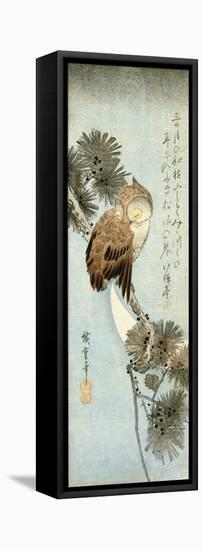 The Crescent Moon and Owl Perched on Pine Branches-Ando Hiroshige-Framed Stretched Canvas