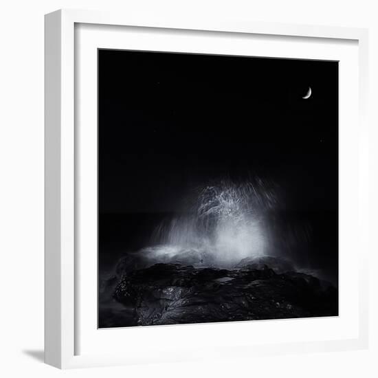 The Crescent Moon and Waves Splashing over Rocks in Miramar, Argentina-Stocktrek Images-Framed Photographic Print