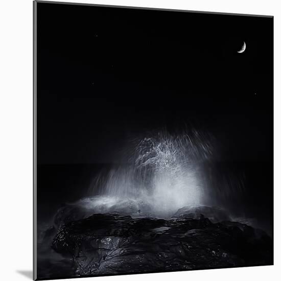 The Crescent Moon and Waves Splashing over Rocks in Miramar, Argentina-Stocktrek Images-Mounted Photographic Print