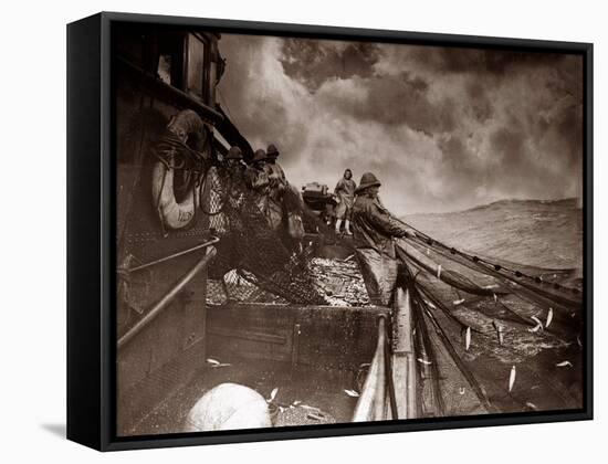 The Crew of a Yarmouth Herring Boat Pull in Their Catch on a Storm Tossed North Sea, 1935-null-Framed Stretched Canvas