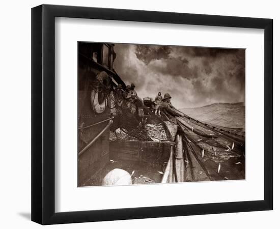 The Crew of a Yarmouth Herring Boat Pull in Their Catch on a Storm Tossed North Sea, 1935-null-Framed Photographic Print