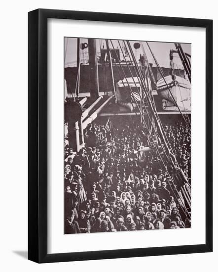 The Crowded Deck of an Immigrant Ship Entering New York Harbour, c.1905-null-Framed Premium Photographic Print