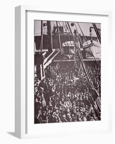 The Crowded Deck of an Immigrant Ship Entering New York Harbour, c.1905-null-Framed Photographic Print